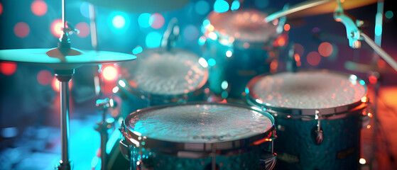 Obraz premium Vibrant Close-up of Drum Kit with Colorful Bokeh Lights in Background for Music and Performance Themes
