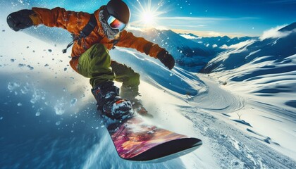 Snowboarding on a Snowy Mountain - Beautiful View with Sunny Weather and Blue Sky - Snowboarder in Action - Sliding down the White Slope - Fresh Snow - Extreme Sport or Winter Sport - Snowboard