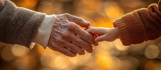 Elderly man holding hands with grandchild at sunset