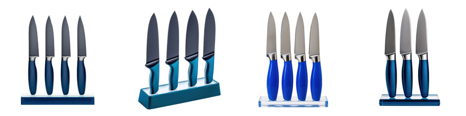 Assorted kitchen knives of various shapes and sizes arranged neatly on a stand  The knives are made of stainless steel with colorful handles and are used for various food tasks in the kitchen