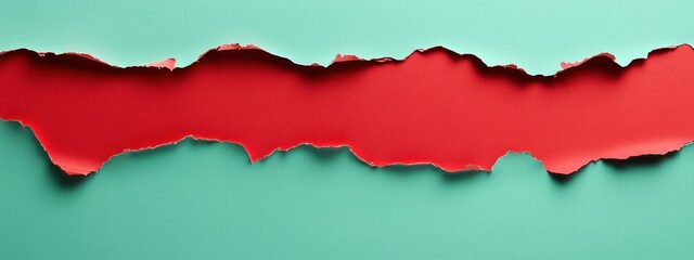 Fototapeta premium Mint green torn paper with vibrant red jagged edge, minimalist design, striking contrast, ideal for text placement, modern aesthetic.