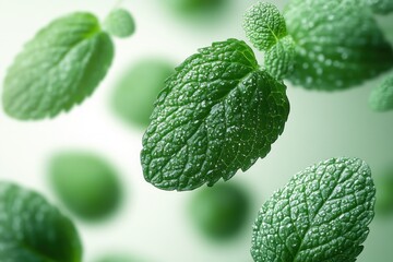 Floating mint leaves on white background in soft focus natural light