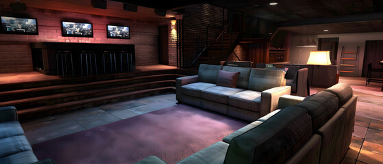 Cozy modern lounge interior with three televisions and stylish furniture in a warmly lit setting