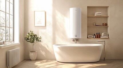 Fototapeta premium A serene modern bathroom interior featuring cutting-edge water heater technology and sleek decor.