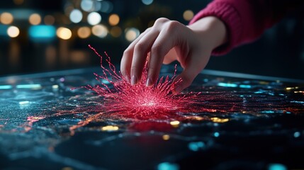 Hand Interaction with Digital Map Displaying Red Data Visualization