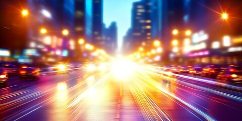 Fototapeta premium A vibrant city street at night with dynamic light trails from moving cars and illuminated buildings in the background. Concept City Nightscape, Light Trails, Urban Illumination, Dynamic Photography