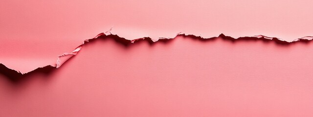 Fototapeta premium Torn pastel pink paper on a soft pink backdrop, vibrant red sheet with jagged edge, minimalist design, striking contrast for text placement.