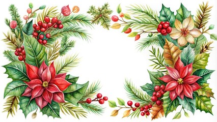 Fototapeta premium Elegant Christmas Floral Frame with Poinsettia and Golden Border for Holiday Cards, Watercolor Illustration of Winter Flowers, Fir Branches, and Holly Berries for Festive Invitations