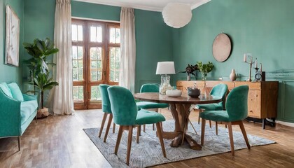 Elegant Mint Color Chairs Surrounding a Round Wooden Dining Table in a Cozy Room with a Sofa and Cabinet, Complemented by a Refreshing Green Wall