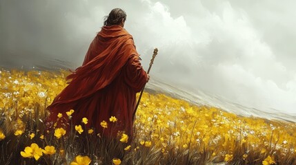 Saint David in Golden Daffodil Field - Symbolic Welsh Heritage Landscape 2
