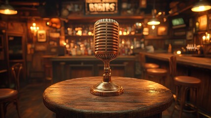 Vintage microphone on a wooden table in a dimly lit bar.