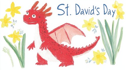 Fototapeta premium Whimsical St. David's Day Illustration with Red Welsh Dragon and Daffodils 22