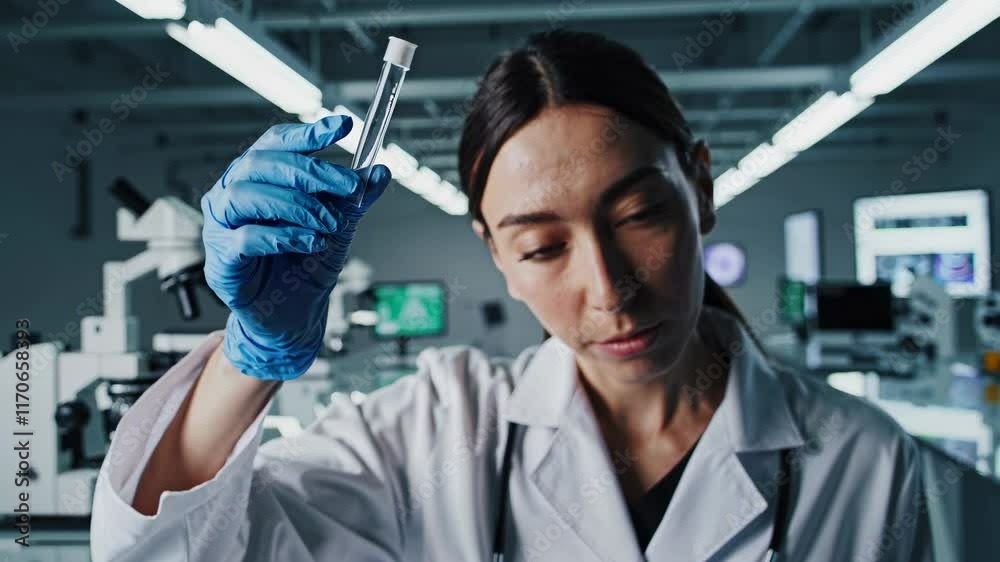 Poster scientist analyzes sample in high-tech laboratory during research