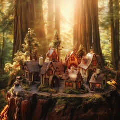Fototapeta premium Enchanting Miniature Village Nestled Within A Redwood Forest