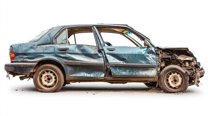 A wrecked car displayed on a white background for insurance and repair claim illustrations.