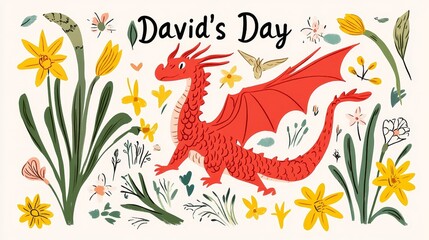 Obraz premium Whimsical St. David's Day Illustration with Red Welsh Dragon and Daffodils 1