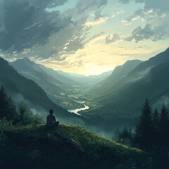 Tranquil Mountain Valley at Sunrise with Person Meditating