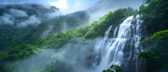 Fototapeta premium Majestic Waterfall Cascading Through Lush Green Forest Under Dramatic Cloudy Sky