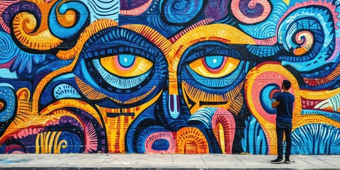 Fototapeta premium An artist painting a large mural on an urban wall with bold and intricate designs.