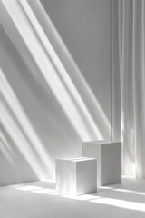 Fototapeta premium Minimalist white background for product display with square pedestals, soft shadows, and light rays 