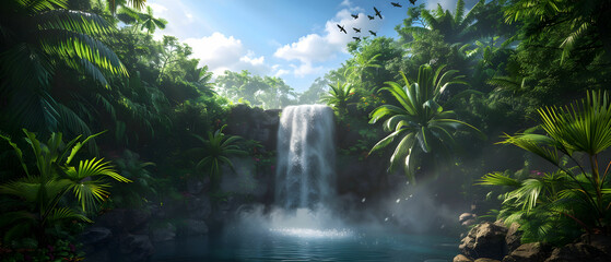 Serene waterfall cascading down rocky cliff surrounded by lush tropical foliage and vibrant wildlife in a tranquil jungle environment