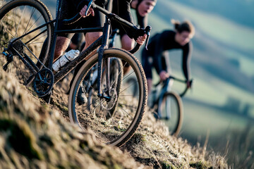 Fototapeta premium Cyclists climbing a muddy hill during a race