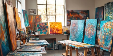 Fototapeta premium An artistâ€™s studio filled with canvases showcasing abstract patterns and vibrant hues.