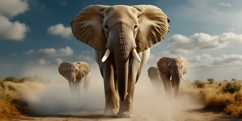 Fototapeta premium A group of elephants walking through a dusty landscape with a dramatic sky in the background. Concept Elephants on the Move, Dusty Terrain, Dramatic Sky, Wildlife Photography, Scenic Landscapes