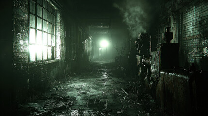 Dark, eerie hallway in abandoned building with machinery, dim lighting, and a sense of mystery.
