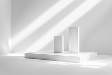 Fototapeta premium Minimalist white background for product display with square pedestals, soft shadows, and light rays 