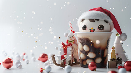 Enjoy a festive bubble milk tea featuring black pearls, a cute cartoon character, and a Taiwanese drink tradition, perfect for Christmas and New Year celebrations with gifts on Santa's sledge.