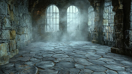 Dark, foggy room with stone walls, arched windows, and stone floor.