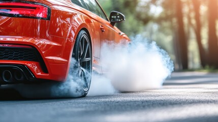 Sporty car performing a burnout on a scenic road