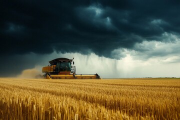 Fototapeta premium Combine at work under storm clouds