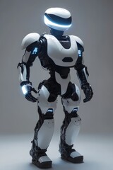 Fototapeta premium Robot with a white and black body stands in front of a white background