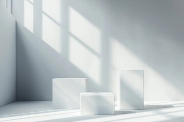 Minimalist white background for product display with square pedestals, soft shadows, and light rays 