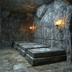 Dark stone crypt with tombs and torches.