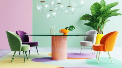 Colorful Dining Area with Glass Table and Eclectic Chairs. Trend: Dopamine Decor