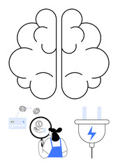 Large brain icon with split hemispheres, credit card with coins, person inspecting dollar bill through magnifying glass, and electric plug. Ideal for technology, finance, analysis, innovation