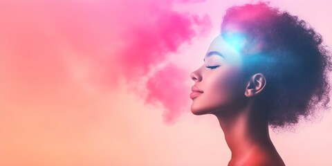 A profile view of a woman with an afro hairstyle, surrounded by colorful, dreamy pastel smoke or mist. Concept Afro Hairstyle, Dreamy Pastel Smoke, Profile Portrait, Colorful Mist, Ethereal Aesthetic