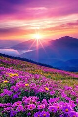 Obraz premium Purple and yellow flowers field during sunrise with a sea of clouds and mountains in the distance