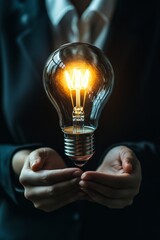 A woman is holding a light bulb in her hand