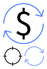 Dollar symbol surrounded by blue circular arrows, black target icon, and plain circle arrow. Ideal for financial processes, economic growth, business strategy, goal setting, investment tracking