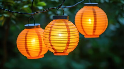 Fototapeta premium Warm glowing lanterns illuminating a garden evening
