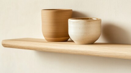 Light Wood Shelf with Handmade Ceramic Pots. Trend: Japandi Design