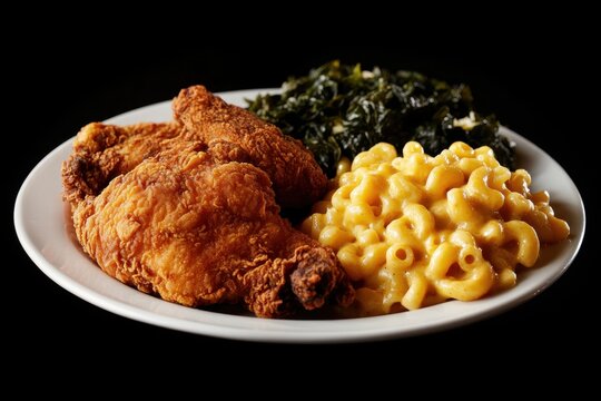 A african american plate featuring fried chicken, macaroni and cheese, and collard greens.