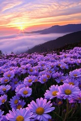 Fototapeta premium Purple and yellow flowers field during sunrise with a sea of clouds and mountains in the distance