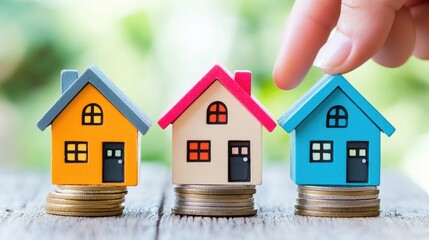 Miniature houses on coins representing real estate investment