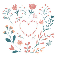 floral heart frame with flowers and leaves