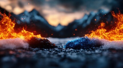 A striking visual representation of fire and ice coexisting, showcasing a blend of hot flames and cool ice, amidst a dramatic backdrop of mountains and a moody sky.